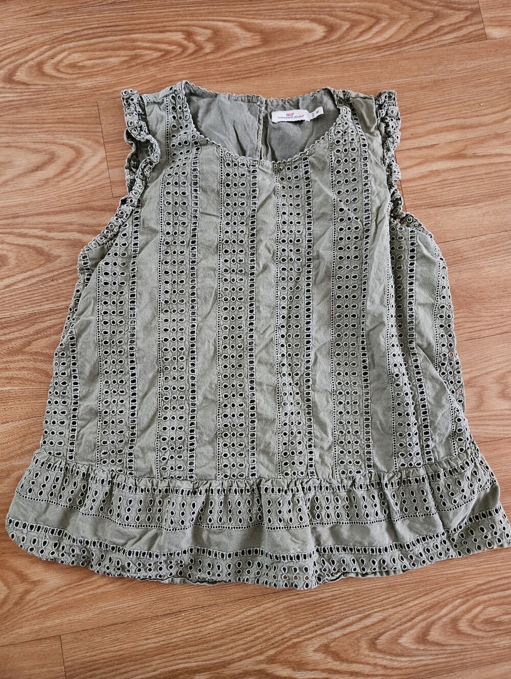 Eyelet Ruffle Hem Sleeveless Top - Sage Green
